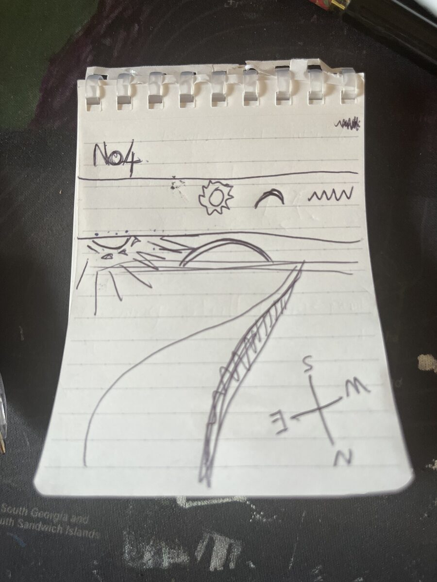 Notebook page №4 — a road sweeping to an arch on the horizon, low sun, compass