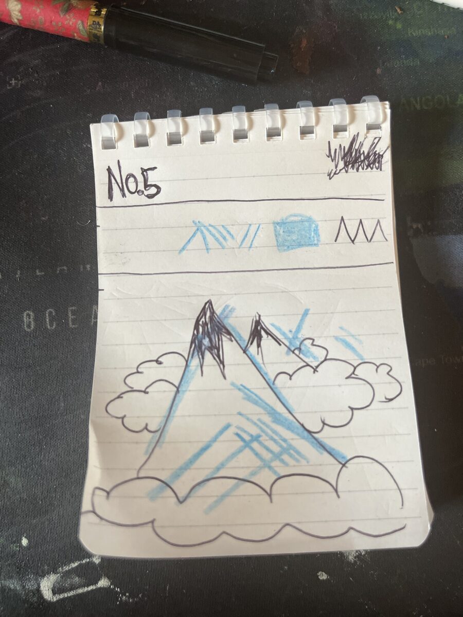 Notebook page №5 — a peak above a cloud line with blue slashing strokes