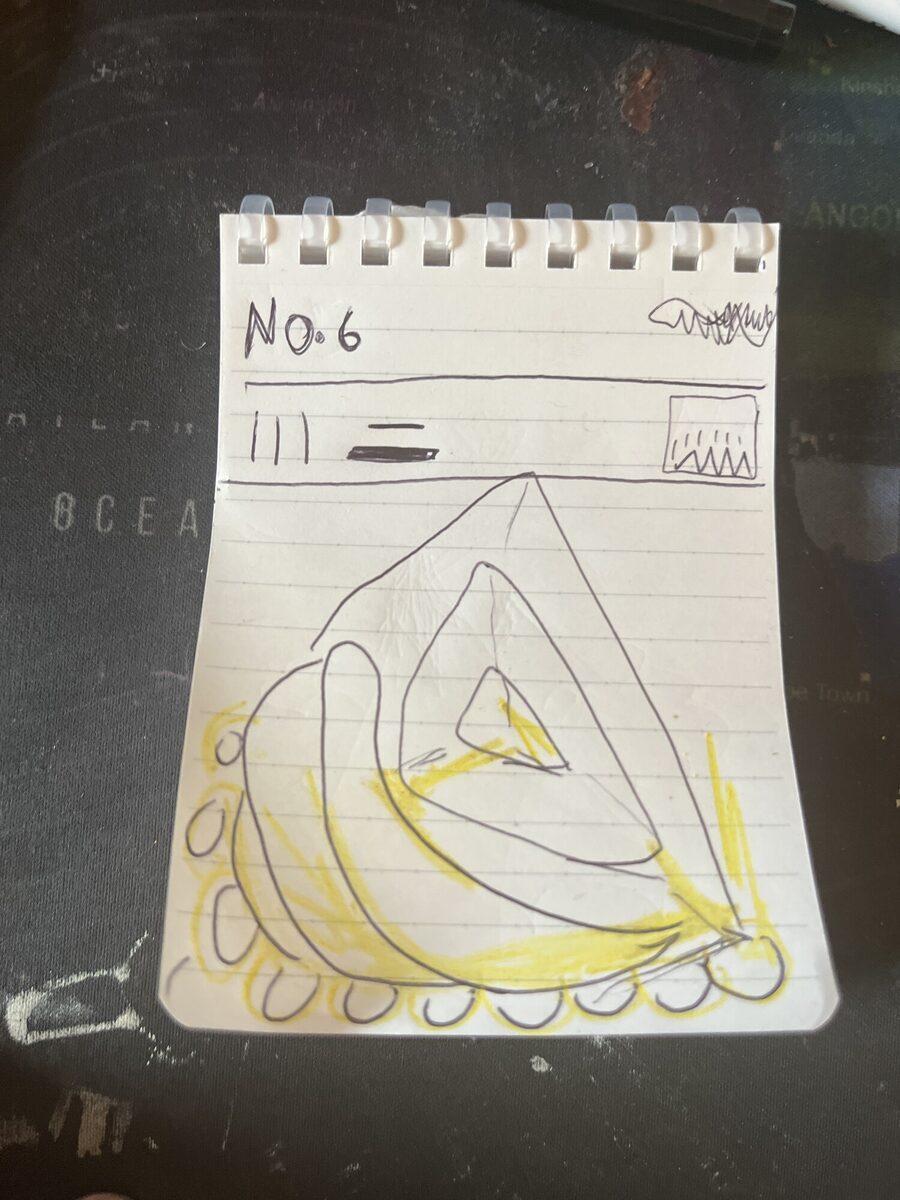 Notebook page №6 — nested inward triangle over a scalloped bubbly base with yellow accents
