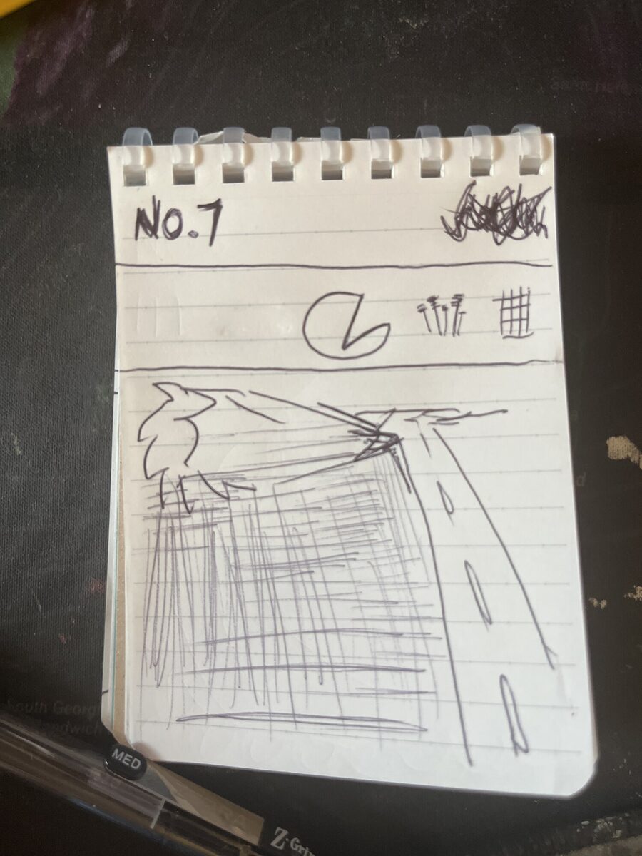 Notebook page №7 — a road with dashed centreline beside a large hatched mass