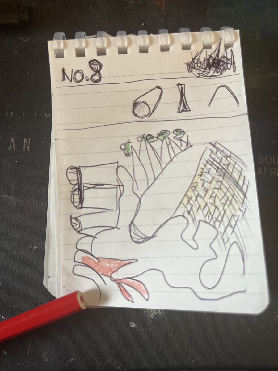 Notebook page №8 — cylinders, a zigzag ridge with green tips, swirling bottom