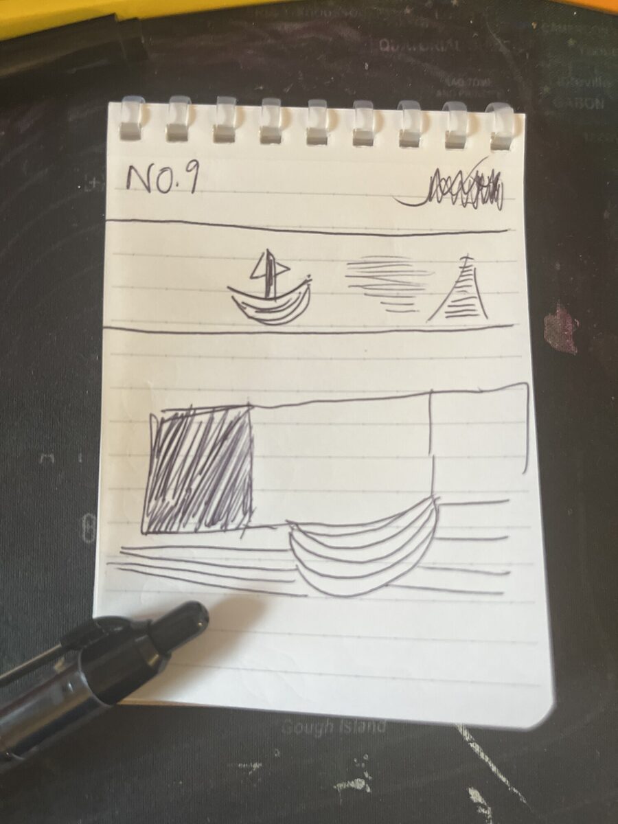Notebook page №9 — nested arc bands, a boat glyph, horizontal line stacks