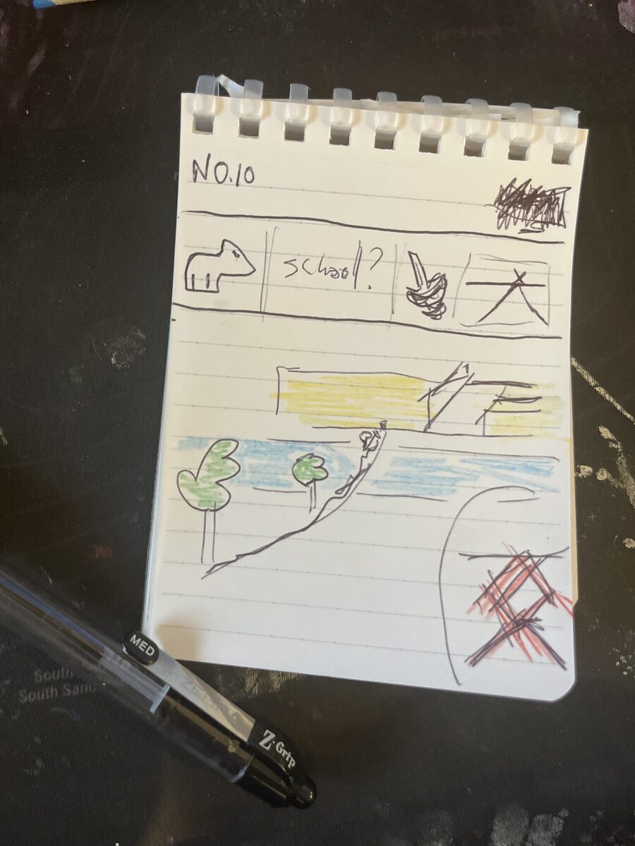 Notebook page №10 — full colour scene: yellow band, blue water with trees standing in it, A-frame glyphs, red cross-hatch