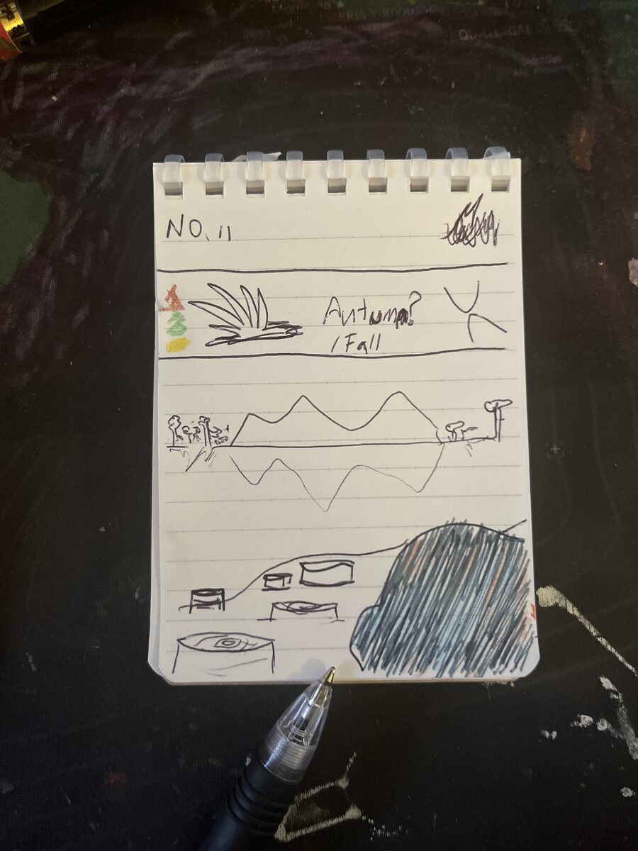 Notebook page №11 — mountain range mirrored in water, autumn note, dark looming mound