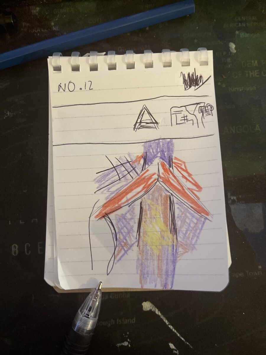 Notebook page №12 — dark triangle-roof shape in red and purple, triangle glyph with planking